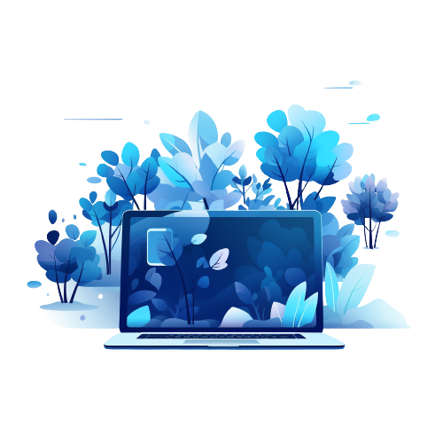 illustration design d'un ordinateur et de la nature dans des tons bleus